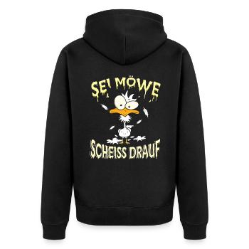 Sei Möwe Scheiss drauf - Unisex Premium Bio Zip Hoodie - Schwarz - Hinten - Nico (187cm)