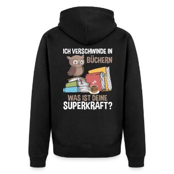 Ich Verschwinde In Büchern - Unisex Premium Bio Zip Hoodie - Schwarz - Hinten - Nico (187cm)