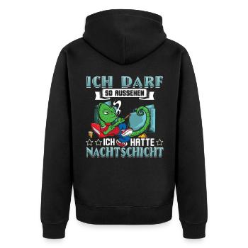 Nachtschicht Ich darf so aussehen - Unisex Premium Bio Zip Hoodie - Schwarz - Hinten - Nico (187cm)