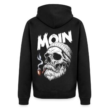 Moin Skull Totenkopf Pfeife Hamburg Plattdeutsch - Unisex Premium Bio Zip Hoodie - Schwarz - Hinten - Nico (187cm)
