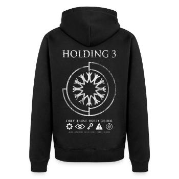 Holding 3 – Dystopian Sci-Fi Emblem Design - Unisex Premium Organic Zip Hoodie - black - Back - Nico (187cm)