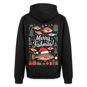 Angler Weihnachtspullover Merry Fishmas Karpfen - Unisex Premium Bio Zip Hoodie - Schwarz - Hinten - Nico (187cm)