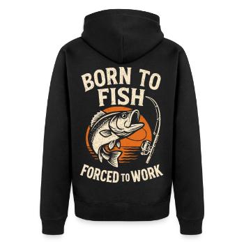 Lustiges Angler Geschenk: Born to Fish Angelspruch - Unisex Premium Bio Zip Hoodie - Schwarz - Hinten - Nico (187cm)