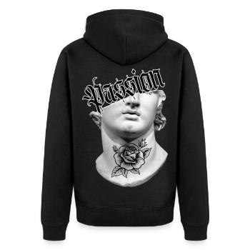 Passio Aesthetic Statue - Urban Streetwear - Unisex Premium Bio Zip Hoodie - Schwarz - Hinten - Nico (187cm)