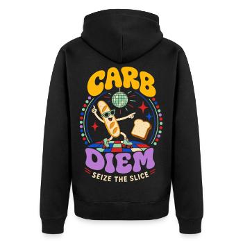Carb Diem – Use the Bread Slice - Unisex Premium Organic Zip Hoodie - black - Back - Nico (187cm)