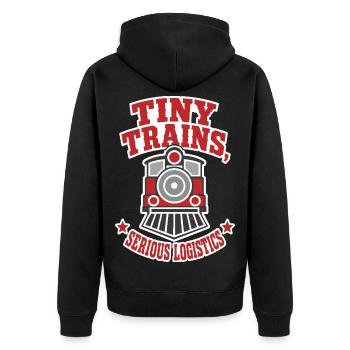Modelleisenbahn – Tiny Trains Serious Logistics - Unisex Premium Bio Zip Hoodie - Schwarz - Hinten - Nico (187cm)