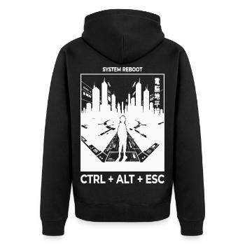 System Reboot Skyline - Unisex Premium Bio Zip Hoodie - Schwarz - Hinten - Nico (187cm)