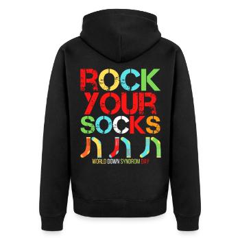 Welt Down Syndrom Tag Rock Your Socks - Unisex Premium Bio Zip Hoodie - Schwarz - Hinten - Nico (187cm)