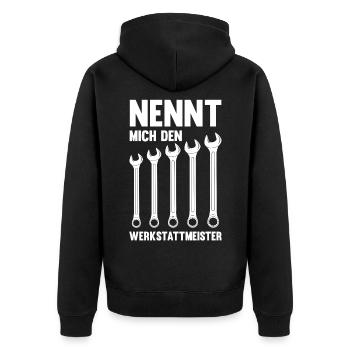 Nennt mich den Werkstattmeister Gabelschlüssel - Unisex Premium Bio Zip Hoodie - Schwarz - Hinten - Nico (187cm)