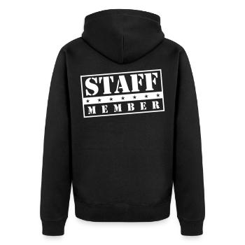 staff member stamp - Unisex Premium Organic Zip Hoodie - black - Back - Nico (187cm)
