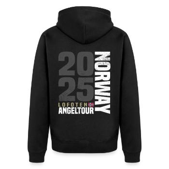 Lofoten Norwegen Angeltour 2025 - Unisex Premium Bio Zip Hoodie - Schwarz - Hinten - Nico (187cm)