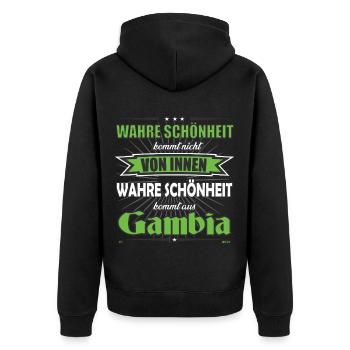 Wahre Schönheit kommt aus Gambia Design - Unisex Premium Bio Zip Hoodie - Schwarz - Hinten - Nico (187cm)