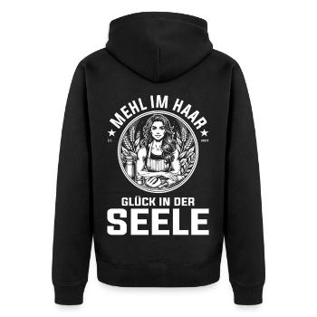 Mehl im Haar, Glück in der Seele - Backen Design - Unisex Premium Bio Zip Hoodie - Schwarz - Hinten - Nico (187cm)