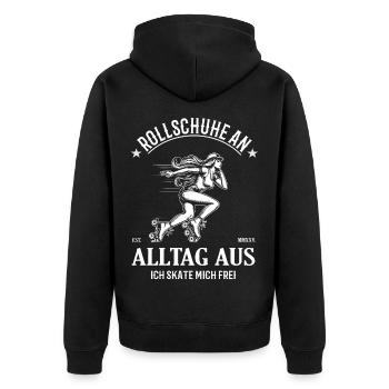 Rollschuhe an – Alltag raus – Ich skate mich frei - Unisex Premium Bio Zip Hoodie - Schwarz - Hinten - Nico (187cm)