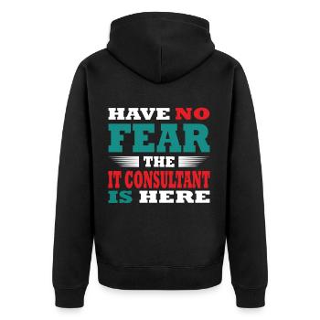 Have no Fear the IT Berater is here Outfit - Unisex Premium Bio Zip Hoodie - Schwarz - Hinten - Nico (187cm)