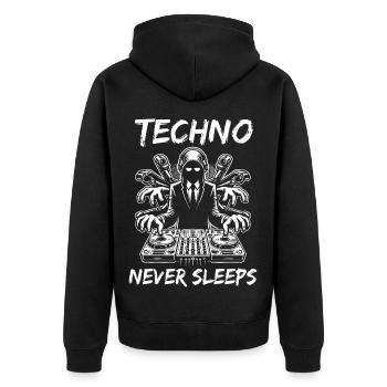 Techno never sleeps – Cooles DJ Design - Unisex Premium Bio Zip Hoodie - Schwarz - Hinten - Nico (187cm)