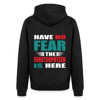 Have no Fear the Fensterputzer is here Outfit - Unisex Premium Bio Zip Hoodie - Schwarz - Hinten - Nico (187cm)