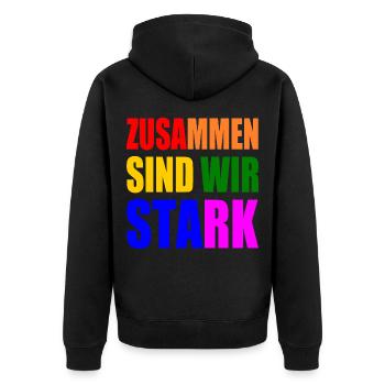 zusammen sind wir stark - Unisex Premium Bio Zip Hoodie - Schwarz - Hinten - Nico (187cm)