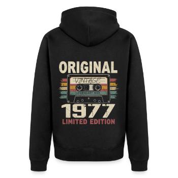 1977 Geburtstagsgeschenk 1977 Jahrgang 1977 Retro - Unisex Premium Bio Zip Hoodie - Schwarz - Hinten - Nico (187cm)
