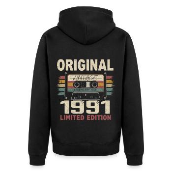 1991 Geburtstagsgeschenk 1991 Jahrgang 1991 Retro - Unisex Premium Bio Zip Hoodie - Schwarz - Hinten - Nico (187cm)