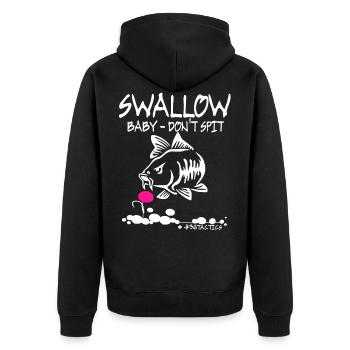 SWALLOW Baby DON'T SPIT - KARPFEN - ANGELN - CARP - Unisex Premium Bio Zip Hoodie - Schwarz - Hinten - Nico (187cm)