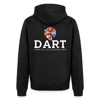 DARTS Where all the Countries Unite - Unisex Premium Bio Zip Hoodie - Schwarz - Hinten - Nico (187cm)