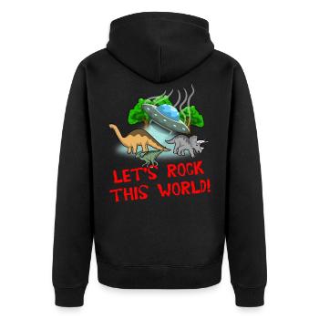 LETS ROCK THIS WORLD - INVASION DER DINO ALIENS - Unisex Premium Bio Zip Hoodie - Schwarz - Hinten - Nico (187cm)