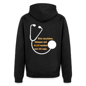 Bitte Ausziehen Lustiger Spruch Arzt Doc Geschenk - Unisex Premium Bio Zip Hoodie - Schwarz - Hinten - Nico (187cm)