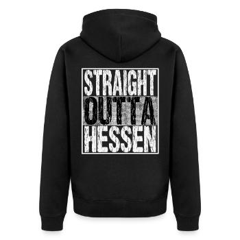 Straight outta Hessen direkt aus Hessen - Unisex Premium Bio Zip Hoodie - Schwarz - Hinten - Nico (187cm)