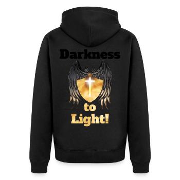 Darkness to Light! - Unisex Premium Bio Zip Hoodie - Schwarz - Hinten - Nico (187cm)