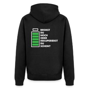 Elektroauto E-Auto Akku Rekuperieren Geschenk - Unisex Premium Bio Zip Hoodie - Schwarz - Hinten - Nico (187cm)