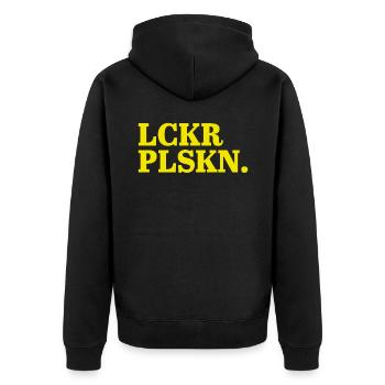 Lecker Pilsken Pottsprache Ruhrpott Bier Lustig - Unisex Premium Bio Zip Hoodie - Schwarz - Hinten - Nico (187cm)