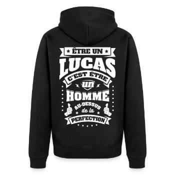 NOM - PRÉNOM - LUCAS - Veste à capuche bio Premium Unisexe - noir - Dos - Nico (187cm)