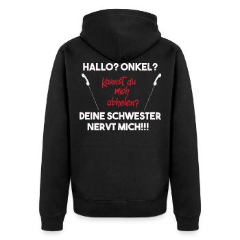 Hallo Onkel, deine Schwester nervt mich! Hilfe! - Unisex Premium Bio Zip Hoodie - Schwarz - Hinten - Nico (187cm)