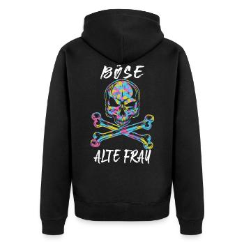 Böse Alte Frau Ironie Camouflage Totenkopf Bikerin - Unisex Premium Bio Zip Hoodie - Schwarz - Hinten - Nico (187cm)