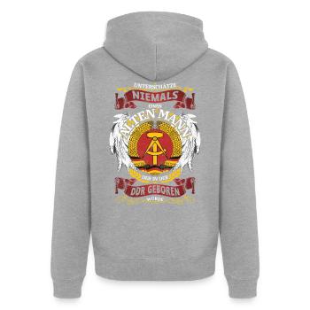 Alter Mann DDR Ossi im Osten geboren Mauer Spruch - Unisex Premium Bio Zip Hoodie - Grau meliert - Hinten - Nico (187cm)