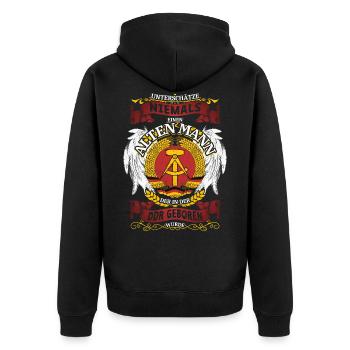 Alter Mann DDR Ossi im Osten geboren Mauer Spruch - Unisex Premium Bio Zip Hoodie - Schwarz - Hinten - Nico (187cm)