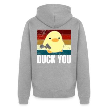 Duck You Ente mit Pistole Meme Duck with Gun Humor - Unisex Premium Bio Zip Hoodie - Grau meliert - Hinten - Nico (187cm)