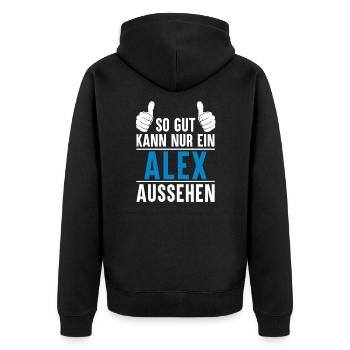 Alex Name Geschenkidee Alex Geschenk Vorname - Unisex Premium Bio Zip Hoodie - Schwarz - Hinten - Nico (187cm)
