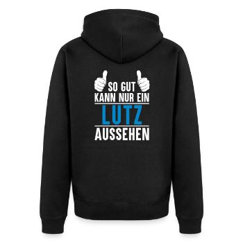 Lutz Name Geschenkidee Lutz Geschenk Vorname - Unisex Premium Bio Zip Hoodie - Schwarz - Hinten - Nico (187cm)