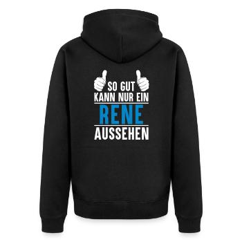 Rene Name Geschenkidee Rene Geschenk Vorname - Unisex Premium Bio Zip Hoodie - Schwarz - Hinten - Nico (187cm)