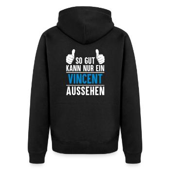 Vincent Name Geschenkidee Vincent Geschenk Vorname - Unisex Premium Bio Zip Hoodie - Schwarz - Hinten - Nico (187cm)