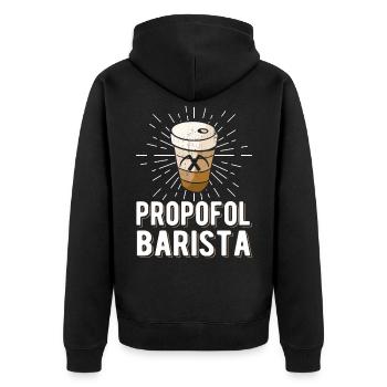 Propofol Barista - Laryngoskop Narkose Anästhesie - Unisex Premium Bio Zip Hoodie - Schwarz - Hinten - Nico (187cm)