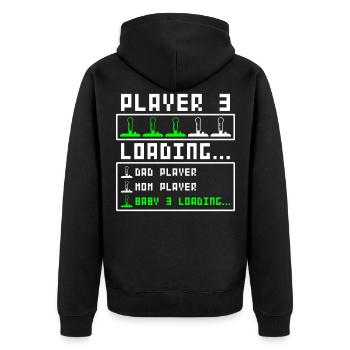 Schwangerschaft verkünden Baby Player 3 drei Loadi - Unisex Premium Bio Zip Hoodie - Schwarz - Hinten - Nico (187cm)