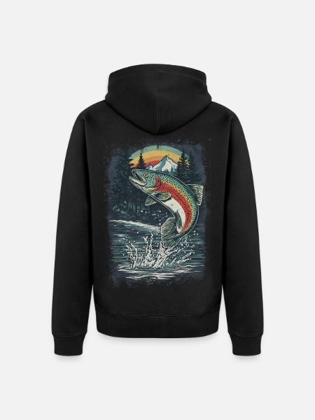 Springende Regenbogenforelle – Retro Anglermotiv - Unisex Premium Bio Zip Hoodie - Schwarz