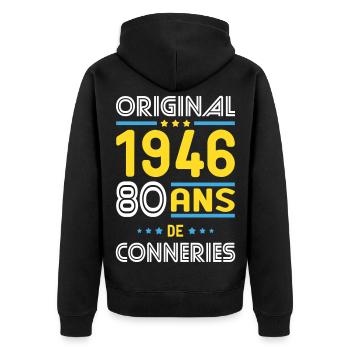 Original – 1946 – 80 Jahre - Unisex Premium Bio Zip Hoodie - Schwarz - Hinten - Nico (187cm)