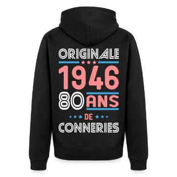 Original – 1946 – 80 Jahre - Unisex Premium Bio Zip Hoodie - Schwarz - Hinten - Nico (187cm)