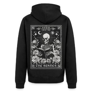 The Reader Tarot – Gotische Skelett zwischen Blumen - Unisex Premium Bio Zip Hoodie - Schwarz - Hinten - Nico (187cm)