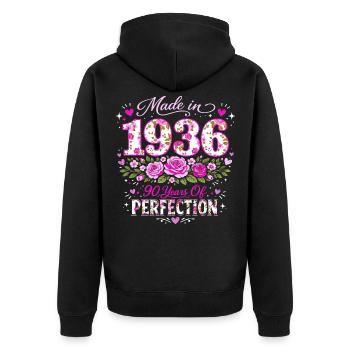 Cadeau 90 Ans Femme - Anniversaire 1936 Floral - Veste à capuche bio Premium Unisexe - noir - Dos - Nico (187cm)