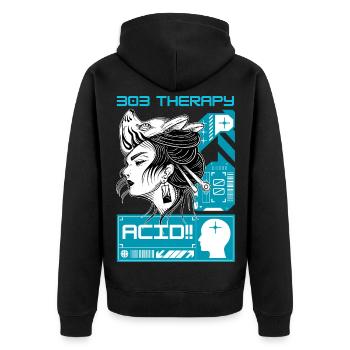 Acid Therapy - Techno Tekno House Rave Outfit - Veste à capuche bio Premium Unisexe - noir - Dos - Nico (187cm)